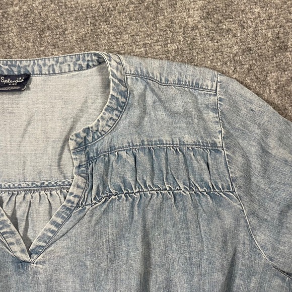 Splendid‎ Chambray Tunic Top Peasant Blouse Smocked V Neck Womens XL Boho Denim - Picture 3 of 9